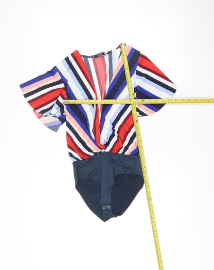Bershka Women Multicoloured XS Bodysuit Striped Scoop Neck Flutter Sleeve