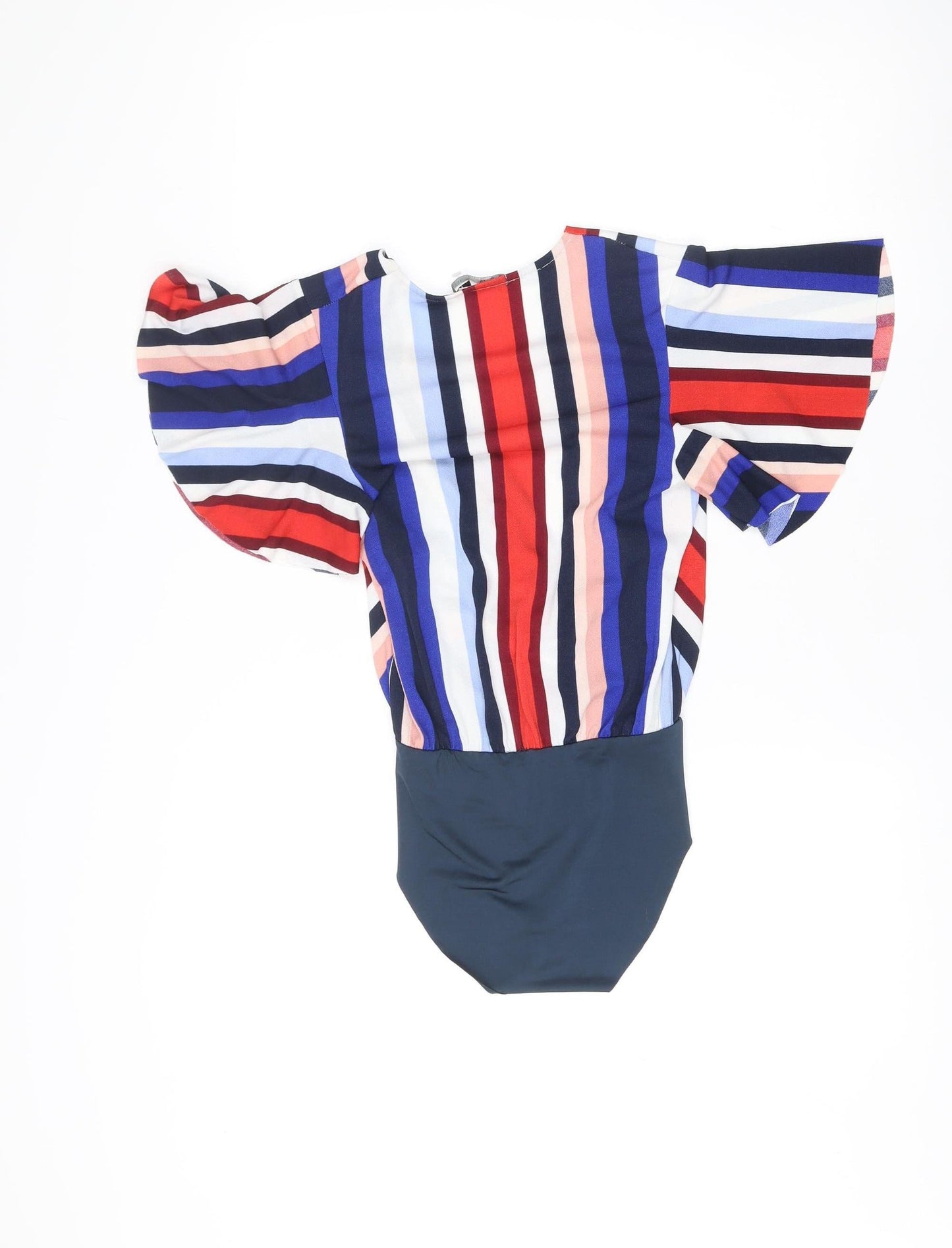 Bershka Women Multicoloured XS Bodysuit Striped Scoop Neck Flutter Sleeve