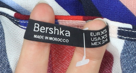 Bershka Women Multicoloured XS Bodysuit Striped Scoop Neck Flutter Sleeve