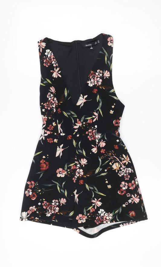 Bershka Womens Black Floral Sleeveless V-Neck Playsuit XS