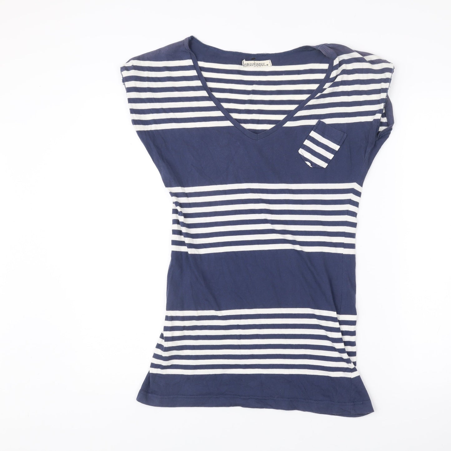 Brave Soul Womens Blue Striped T-Shirt Dress Size M V-Neck Sleeveless