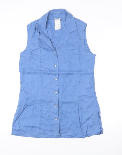 Laura Ashley Women’s Blue Linen Sleeveless Collared Button-Up Top UK 14