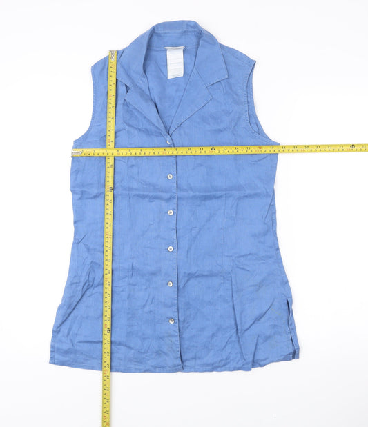 Laura Ashley Women’s Blue Linen Sleeveless Collared Button-Up Top UK 14