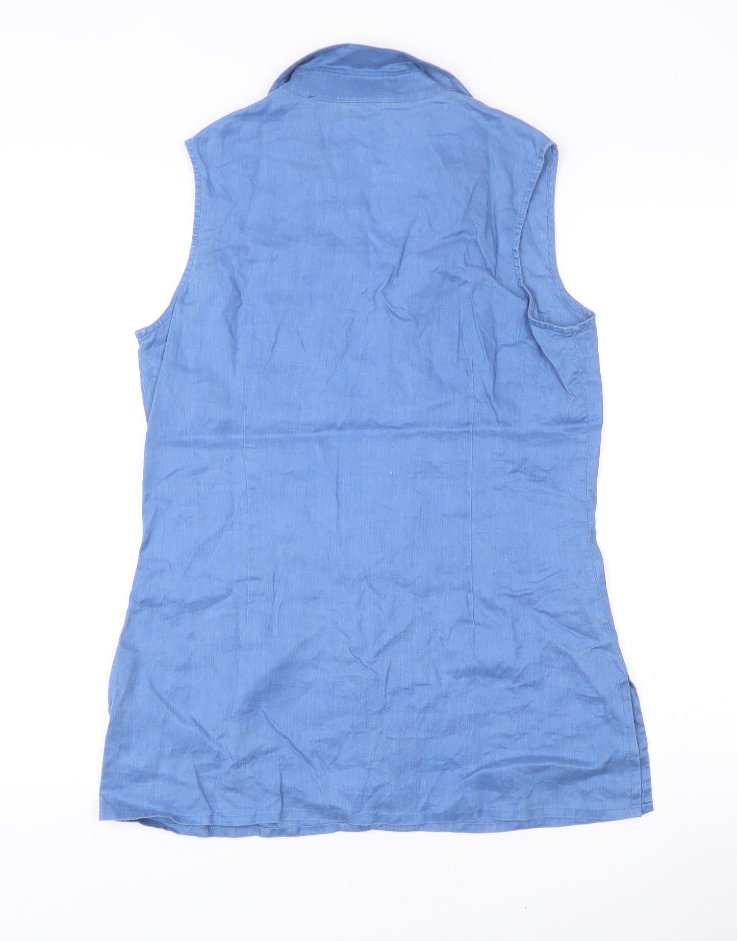 Laura Ashley Women’s Blue Linen Sleeveless Collared Button-Up Top UK 14