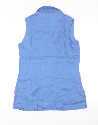 Laura Ashley Women’s Blue Linen Sleeveless Collared Button-Up Top UK 14