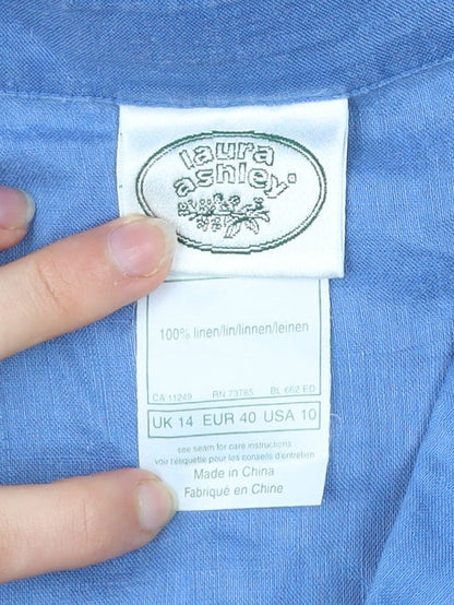 Laura Ashley Women’s Blue Linen Sleeveless Collared Button-Up Top UK 14