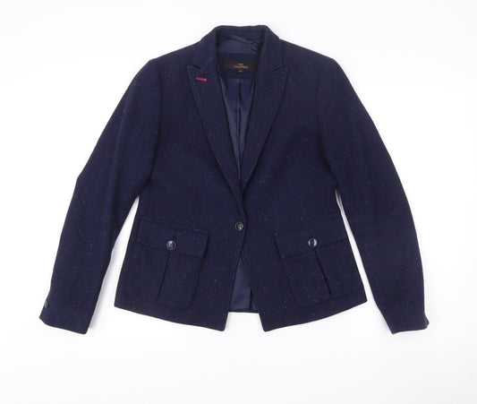 Next Women Blue Wool Blend Tweed Blazer Size 12 Regular Fit