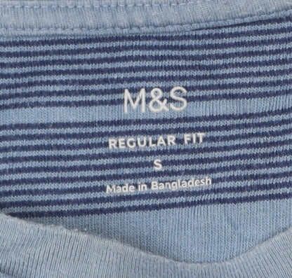 Marks and Spencer Men’s Blue Striped Cotton T-Shirt S Regular Fit