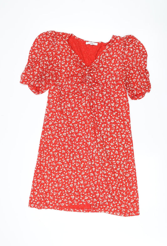 Next Women Red Floral V-Neck A-Line Dress Size 14 Short Sleeve