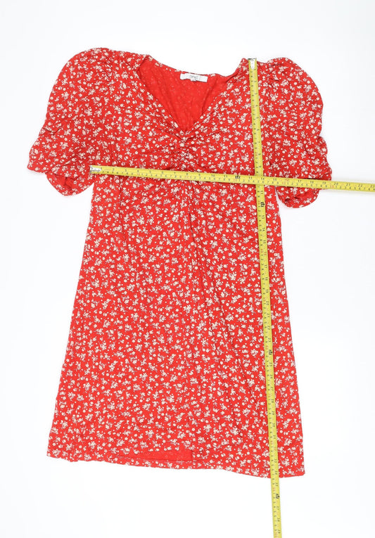 Next Women Red Floral V-Neck A-Line Dress Size 14 Short Sleeve