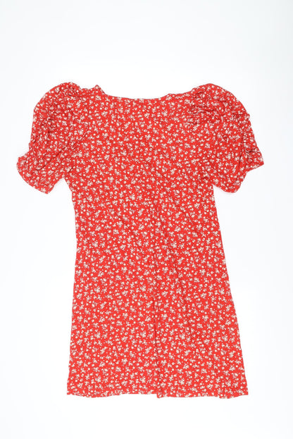 Next Women Red Floral V-Neck A-Line Dress Size 14 Short Sleeve