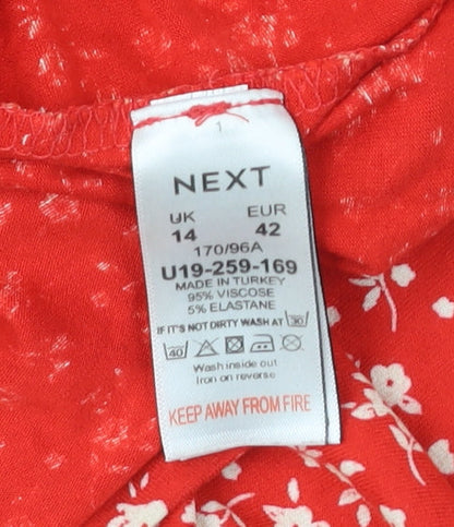Next Women Red Floral V-Neck A-Line Dress Size 14 Short Sleeve