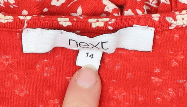 Next Women Red Floral V-Neck A-Line Dress Size 14 Short Sleeve