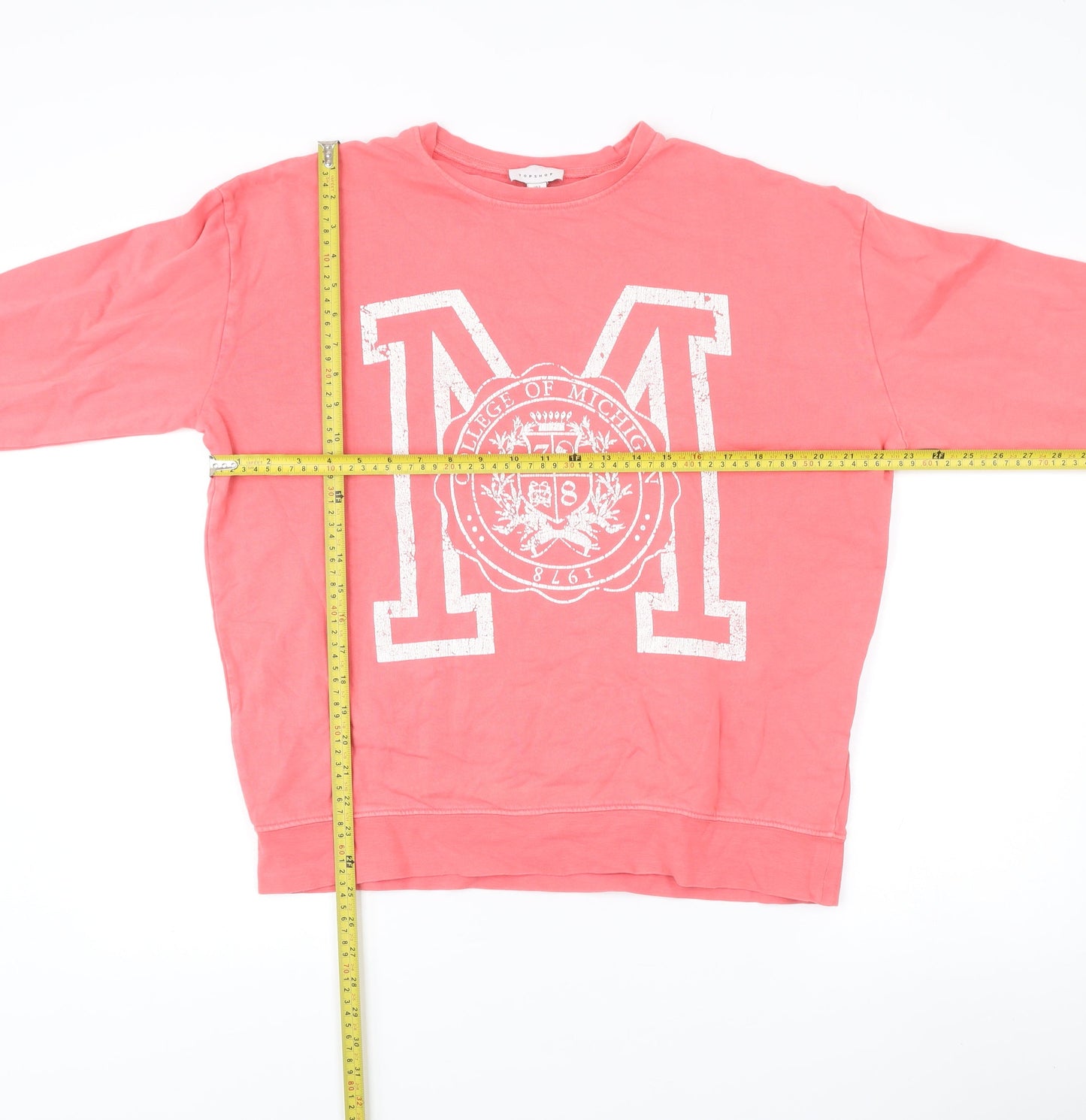 Topshop Womens Pink Cotton Pullover Sweatshirt S Logo Print Casual