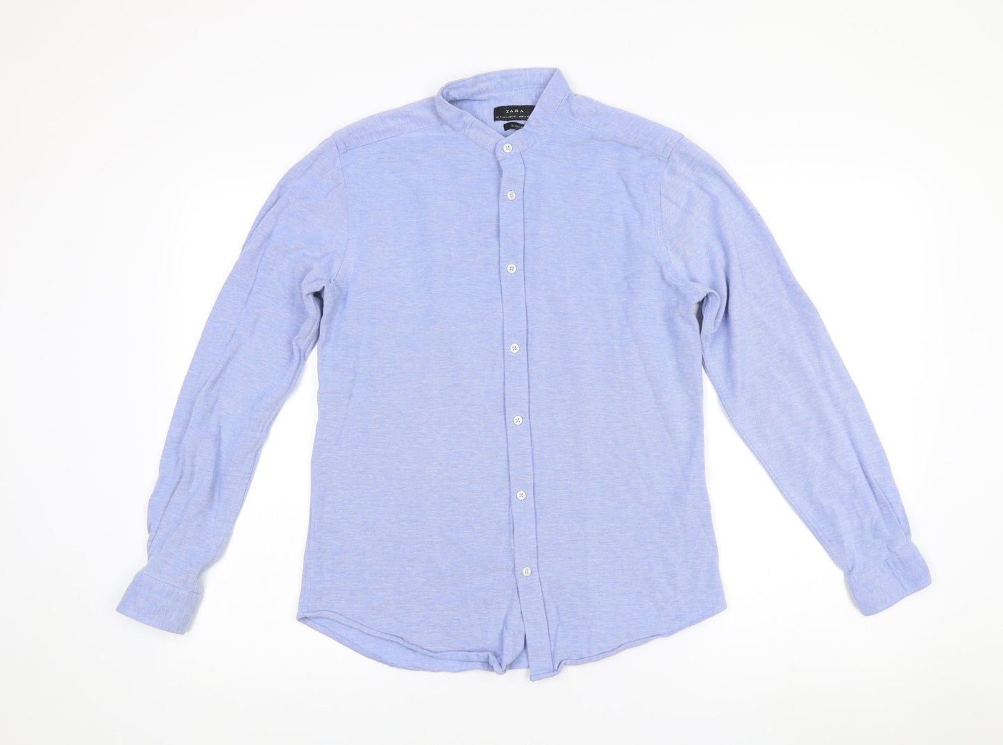 Zara Men's Blue Slim Fit Band Collar Long Sleeve Cotton Shirt M