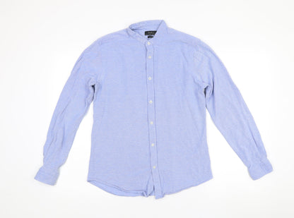 Zara Men's Blue Slim Fit Band Collar Long Sleeve Cotton Shirt M
