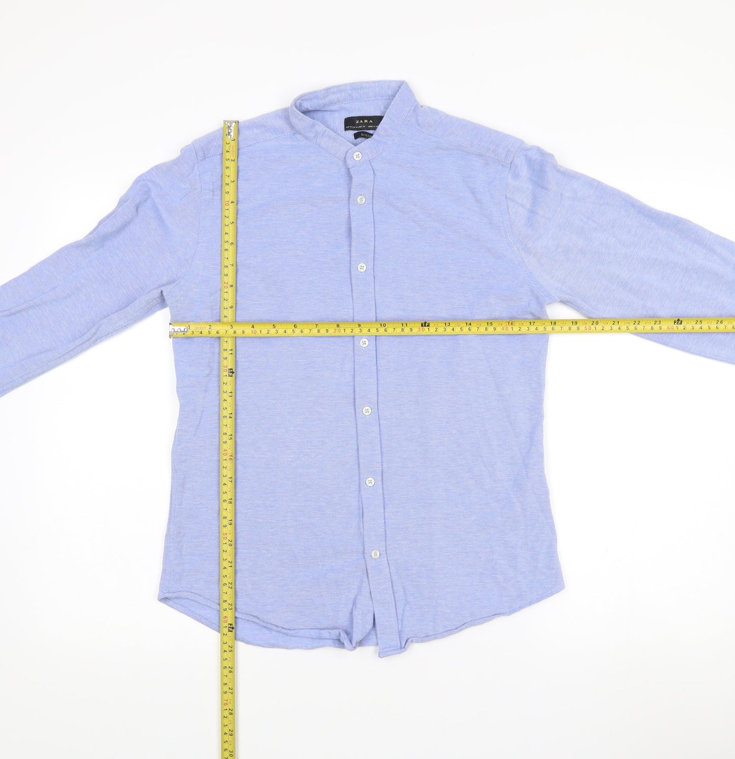 Zara Men's Blue Slim Fit Band Collar Long Sleeve Cotton Shirt M