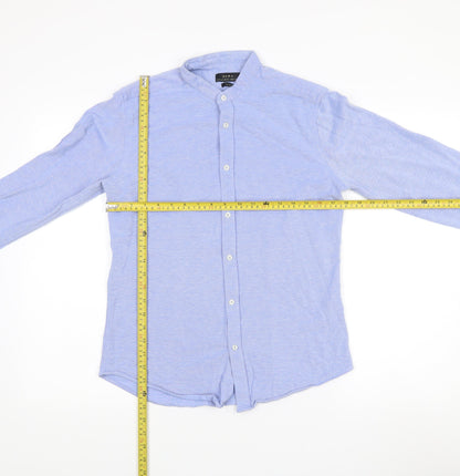Zara Men's Blue Slim Fit Band Collar Long Sleeve Cotton Shirt M