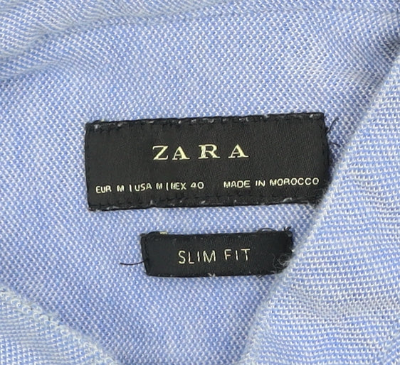 Zara Men's Blue Slim Fit Band Collar Long Sleeve Cotton Shirt M