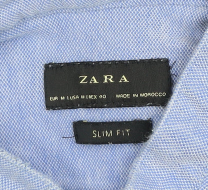 Zara Men's Blue Slim Fit Band Collar Long Sleeve Cotton Shirt M