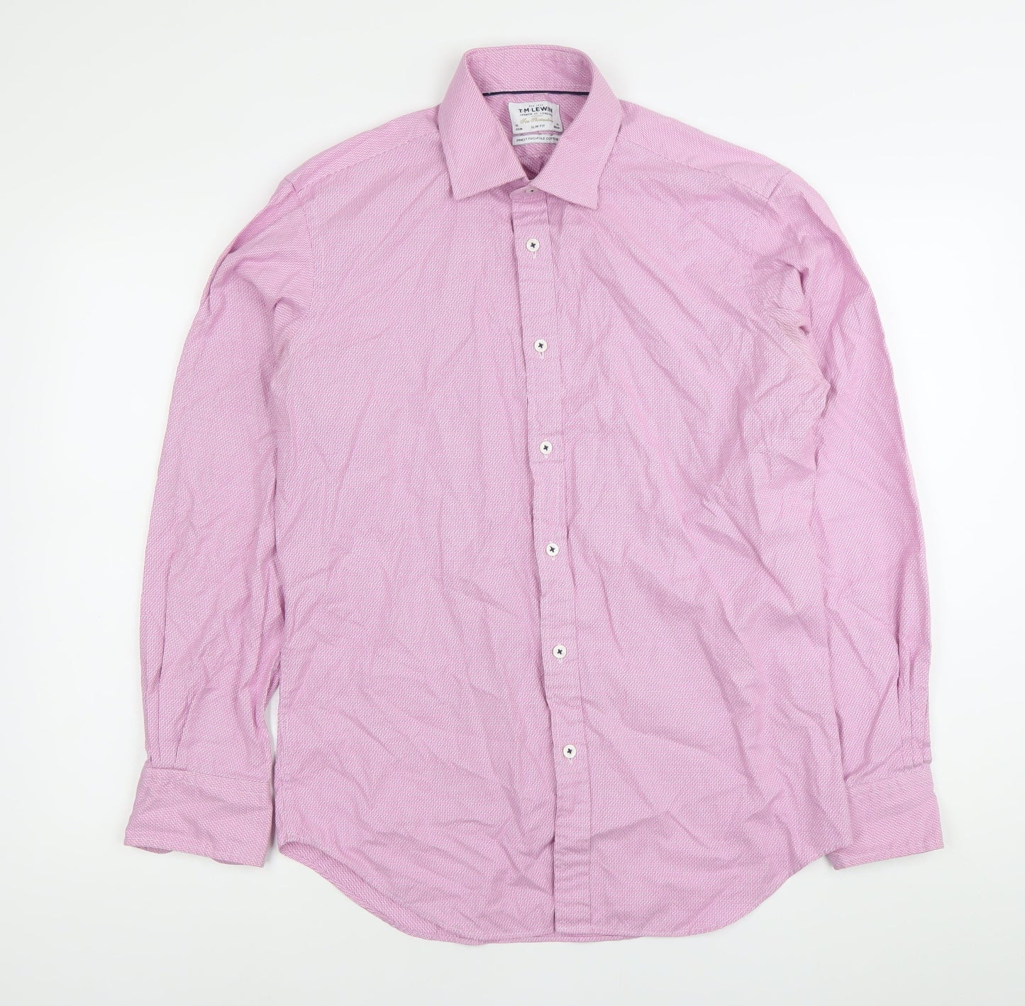 T.M. Lewin Men’s Pink Slim Fit Herringbone Long Sleeve Cotton Dress Shirt 16 41cm