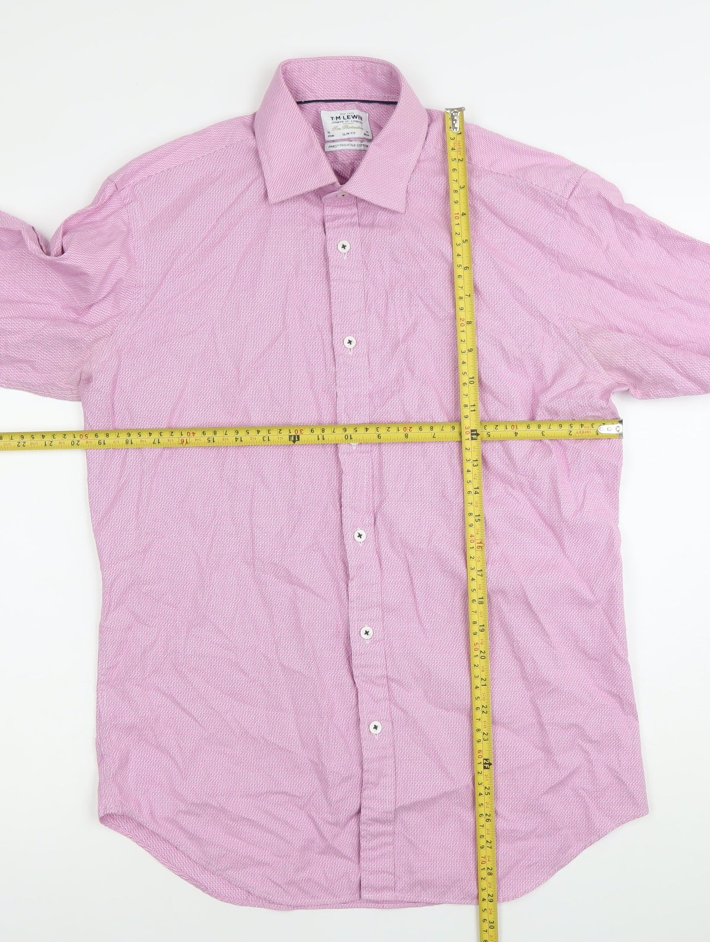 T.M. Lewin Men’s Pink Slim Fit Herringbone Long Sleeve Cotton Dress Shirt 16 41cm