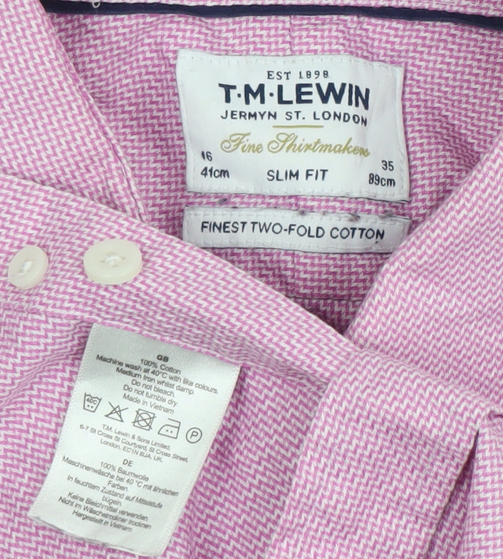 T.M. Lewin Men’s Pink Slim Fit Herringbone Long Sleeve Cotton Dress Shirt 16 41cm