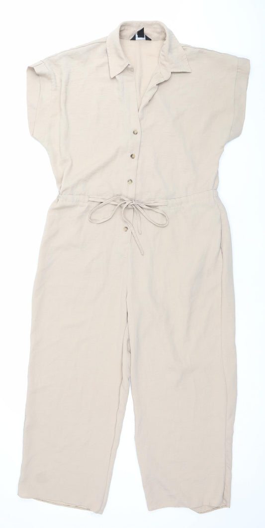 New Look Women Beige Size 10 Collared Short Sleeve Jumpsuit