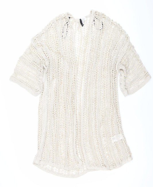 H&M Women Beige Open Knit Cotton Cardigan M Relaxed Fit Summer