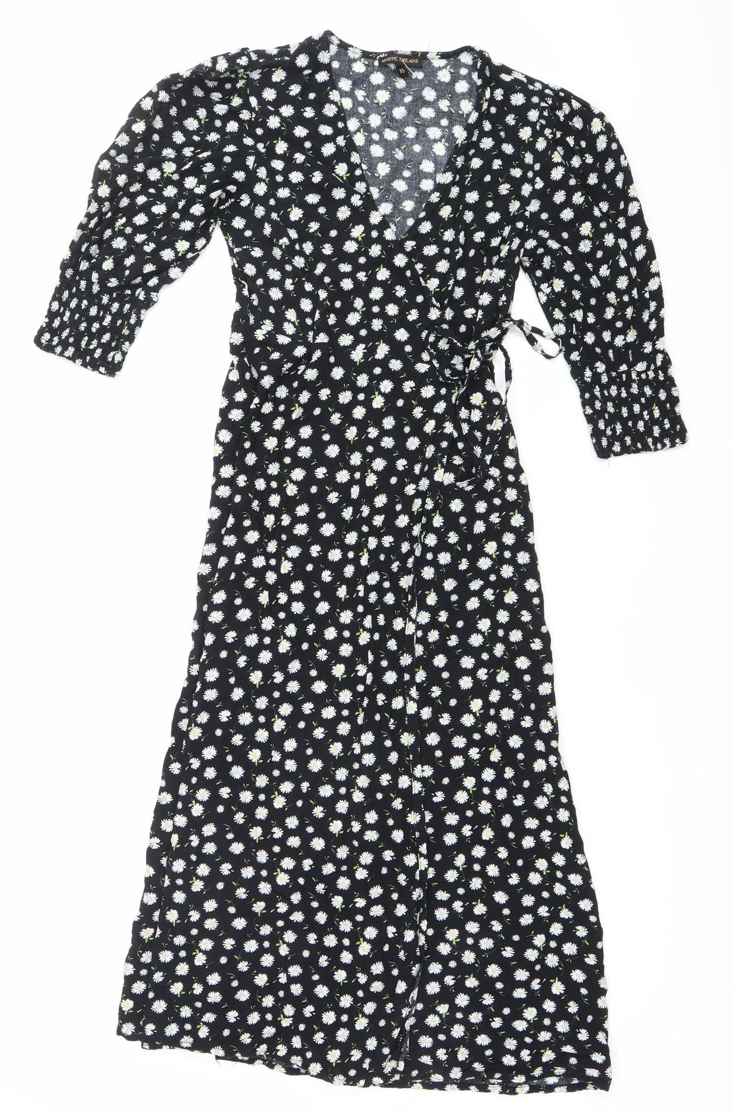 Mystic Threads Womens Black Floral XS Midi Wrap Dress Long Sleeve