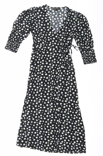 Mystic Threads Womens Black Floral XS Midi Wrap Dress Long Sleeve