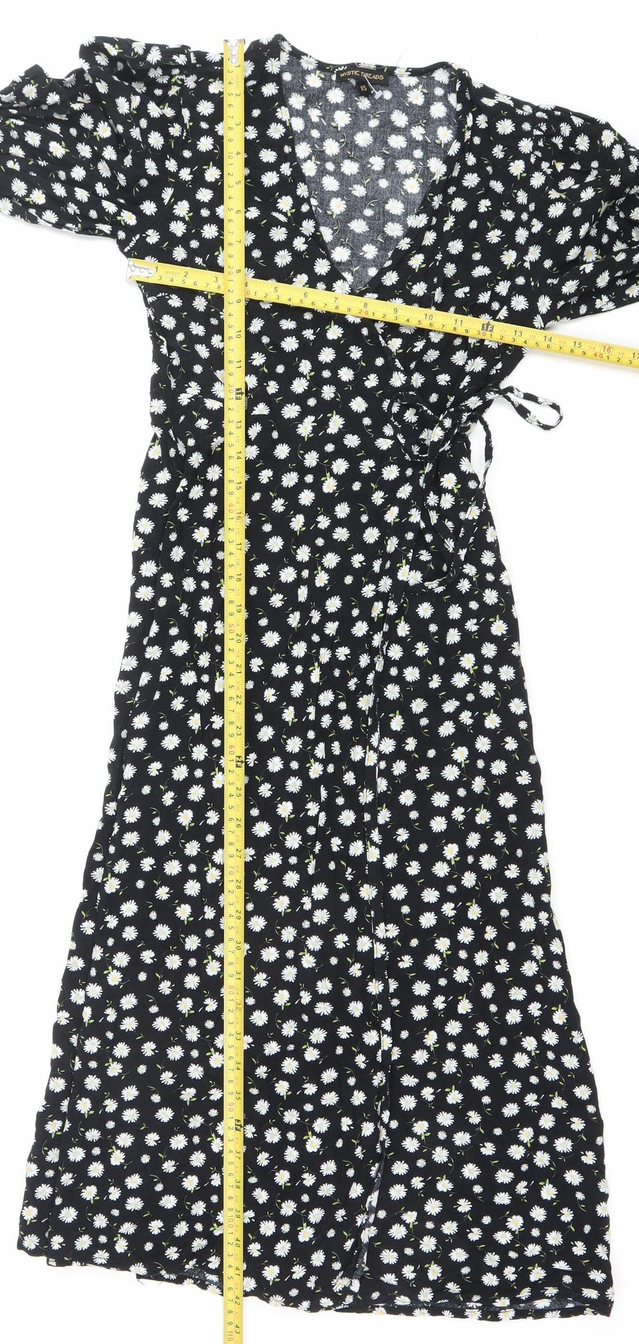Mystic Threads Womens Black Floral XS Midi Wrap Dress Long Sleeve
