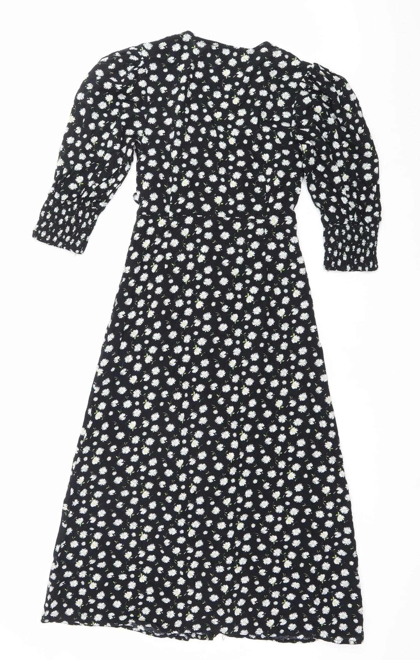 Mystic Threads Womens Black Floral XS Midi Wrap Dress Long Sleeve
