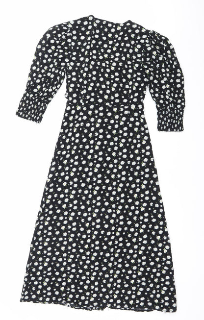 Mystic Threads Womens Black Floral XS Midi Wrap Dress Long Sleeve