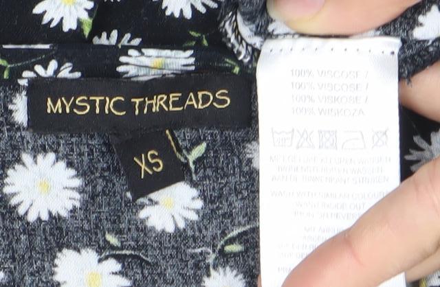 Mystic Threads Womens Black Floral XS Midi Wrap Dress Long Sleeve
