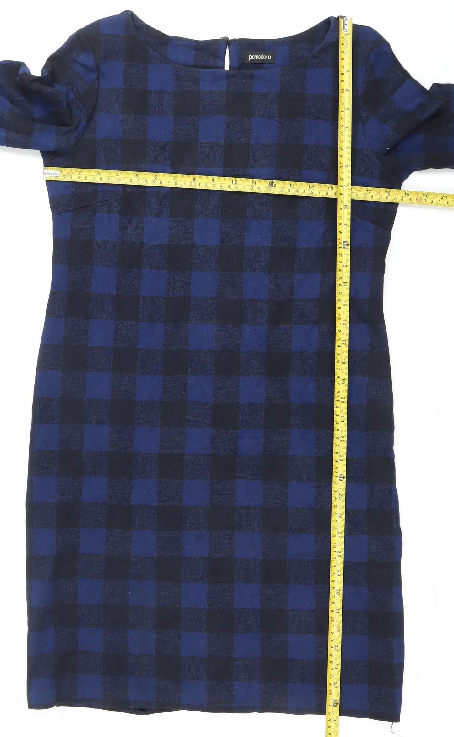 Pomodoro Women’s Blue Check Shift Dress Size 14 Round Neck 3/4 Sleeve