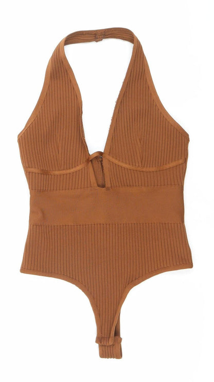 PrettyLittleThing Women’s Brown Bodysuit Size 10 Scoop Neck Ribbed Slim Fit