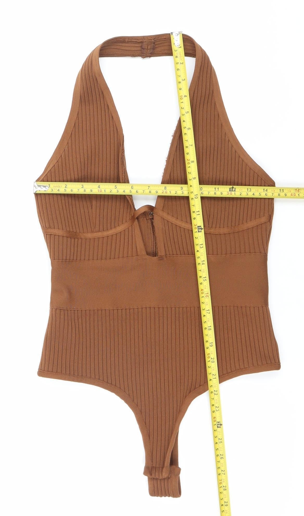 PrettyLittleThing Women’s Brown Bodysuit Size 10 Scoop Neck Ribbed Slim Fit