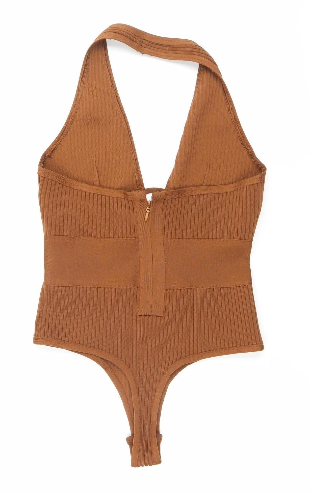 PrettyLittleThing Women’s Brown Bodysuit Size 10 Scoop Neck Ribbed Slim Fit