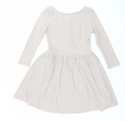 Topshop Women’s Beige Glitter Skater Dress Size 8 Long Sleeve Scoop Neck