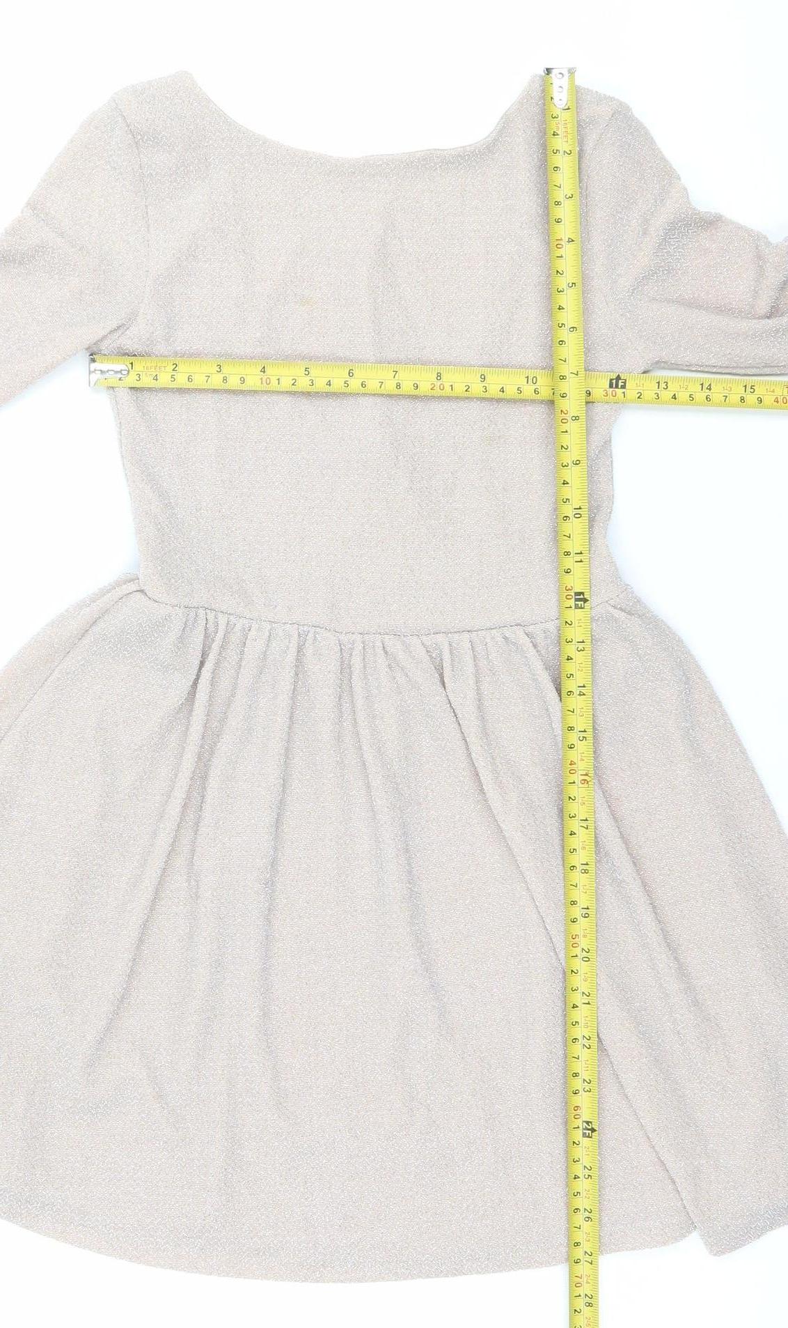 Topshop Women’s Beige Glitter Skater Dress Size 8 Long Sleeve Scoop Neck