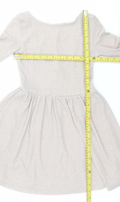 Topshop Women’s Beige Glitter Skater Dress Size 8 Long Sleeve Scoop Neck