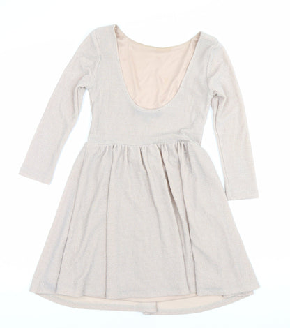 Topshop Women’s Beige Glitter Skater Dress Size 8 Long Sleeve Scoop Neck