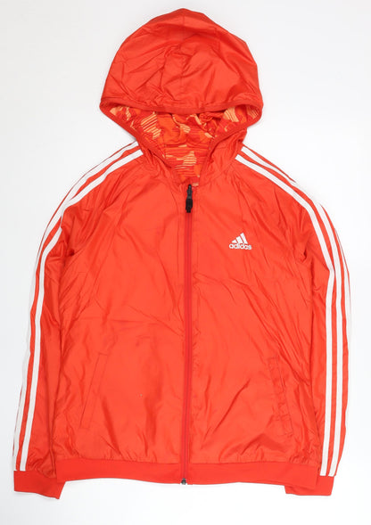 Adidas Womens Red Windbreaker Jacket UK 12 Hooded Full Zip Activewear