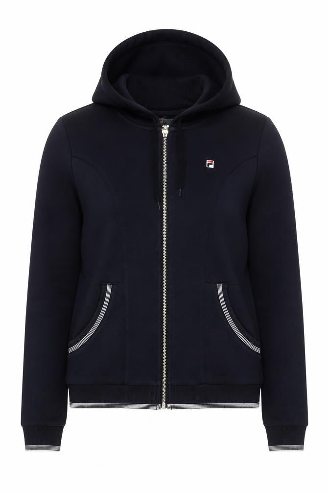 Front view of Fila Women’s Black Full Zip Hoodie, size UK 8, Casual Sportswear
