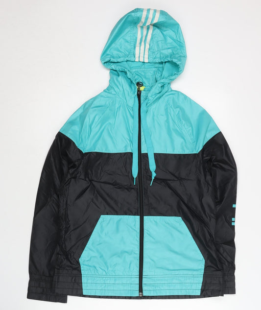 Adidas Womens Black Blue Windbreaker Jacket Size 8 Hooded Sportswear