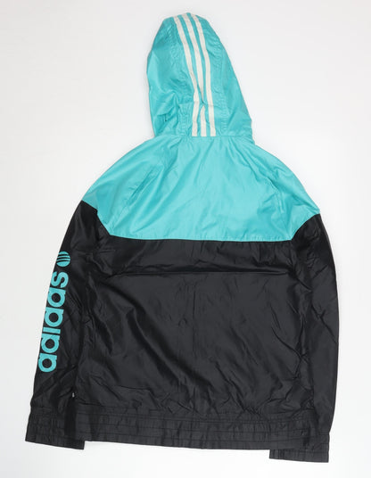 Adidas Womens Black Blue Windbreaker Jacket Size 8 Hooded Sportswear