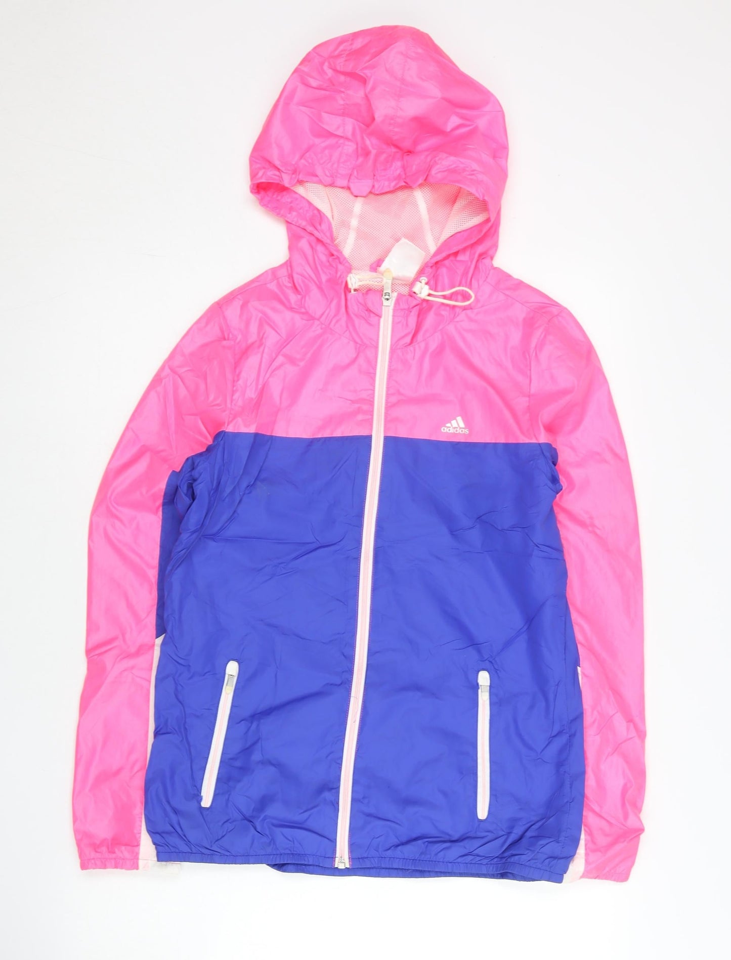 Adidas Womens Pink Blue Windbreaker Jacket Size 8 UK Hooded Full Zip