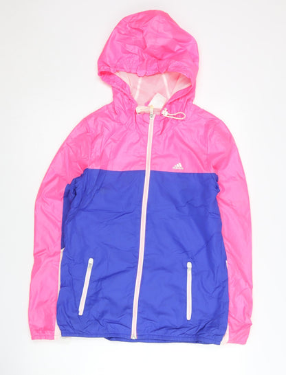 Adidas Womens Pink Blue Windbreaker Jacket Size 8 UK Hooded Full Zip