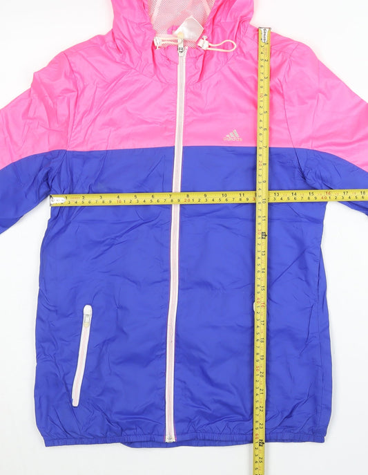 Adidas Womens Pink Blue Windbreaker Jacket Size 8 UK Hooded Full Zip